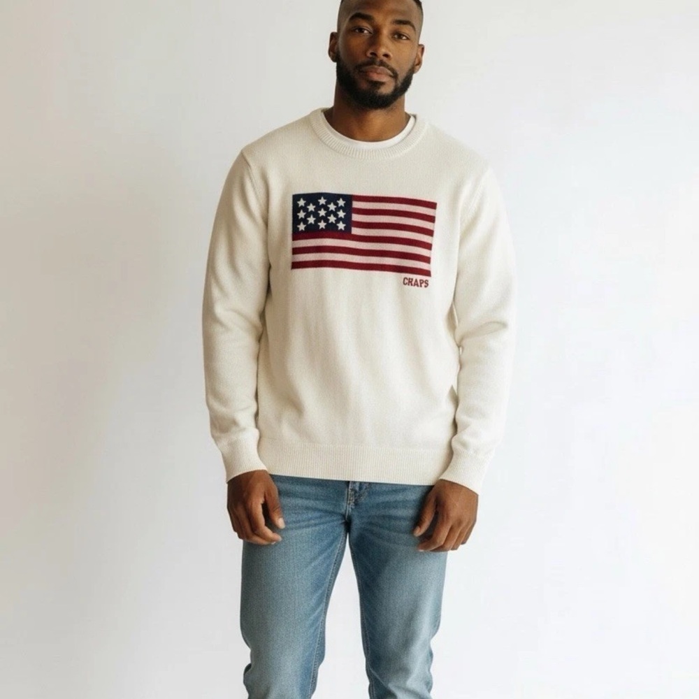 Chaps Iconic Flag Knit Crewneck Sweater Cream Mens Unisex Sz XL New with Tags